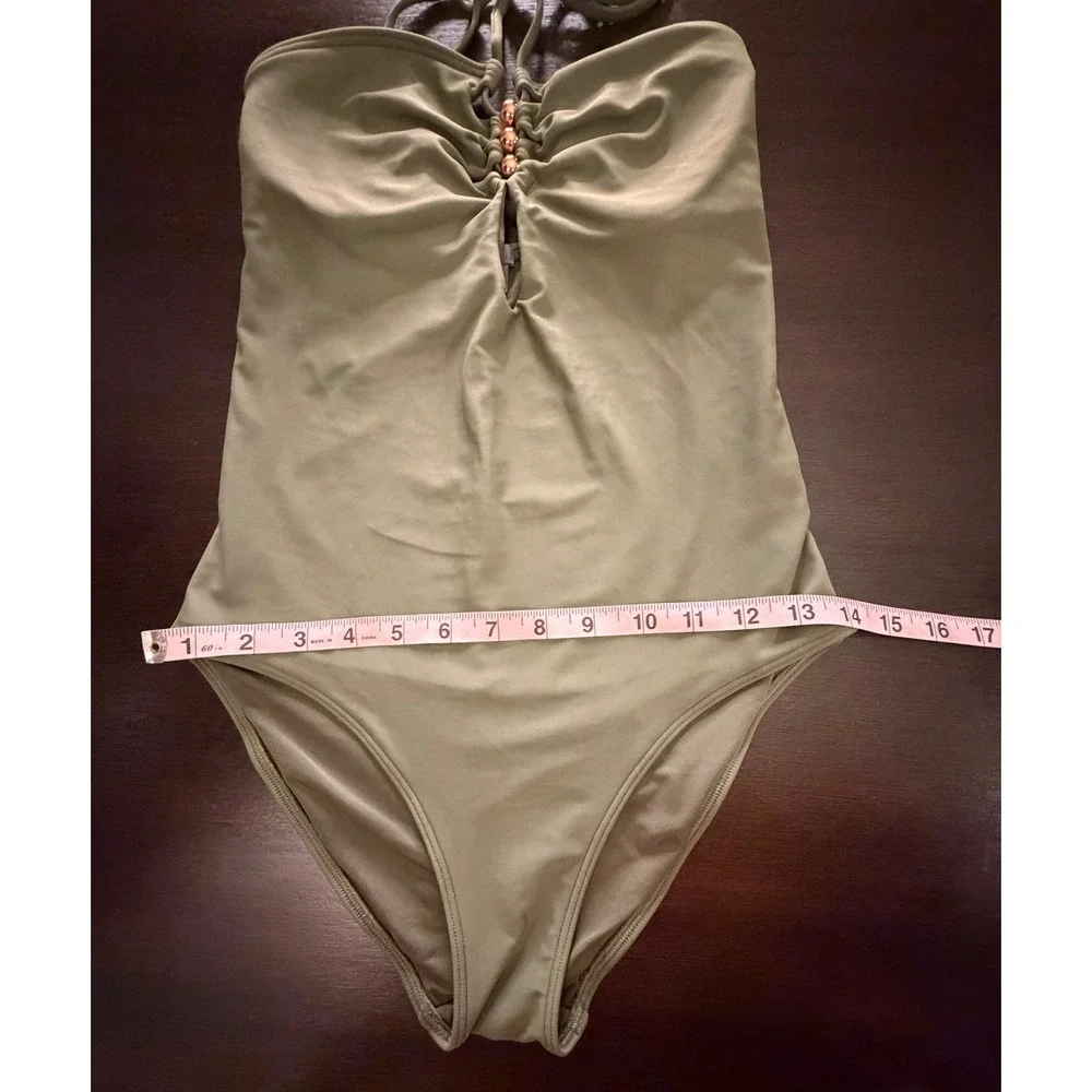 Aerie Olive Green Halter One Piece Swimsuit Ruched Beaded Keyhole Size S